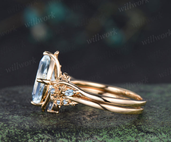 Marquise cut natural aquamarine engagement ring set leaf nature inspired 14k yellow gold ring art deco bridal set women
