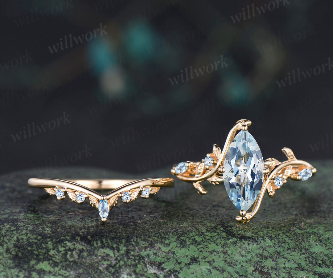 Marquise cut natural aquamarine engagement ring set leaf nature inspired 14k yellow gold ring art deco bridal set women