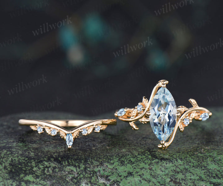 Marquise cut natural aquamarine engagement ring set leaf nature inspired 14k yellow gold ring art deco bridal set women