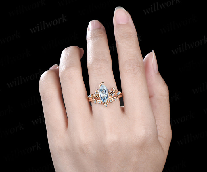 Marquise cut natural aquamarine engagement ring set leaf nature inspired 14k yellow gold ring art deco bridal set women
