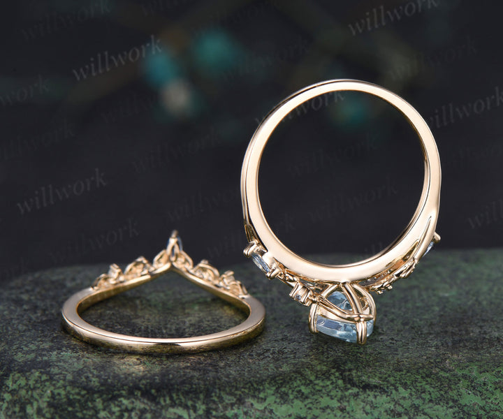 Marquise cut natural aquamarine engagement ring set leaf nature inspired 14k yellow gold ring art deco bridal set women