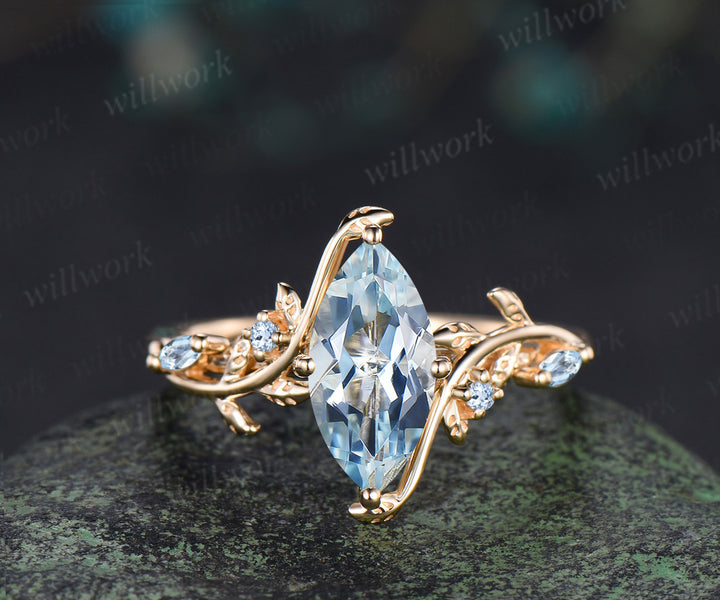 Marquise cut natural aquamarine engagement ring set leaf nature inspired 14k yellow gold ring art deco bridal set women