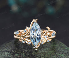 Marquise cut natural aquamarine engagement ring set leaf nature inspired 14k yellow gold ring art deco bridal set women