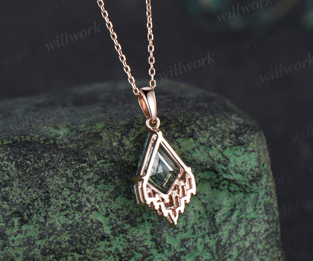 3ct Kite cut green moss agate necklace rose gold cluster marquise baguette cut diamond necklace pendant women anniversary gift her