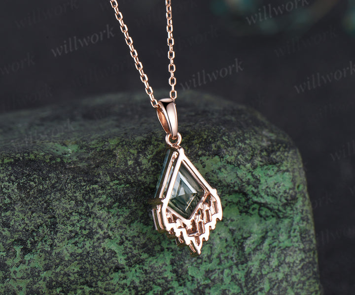 3ct Kite cut green moss agate necklace rose gold cluster marquise baguette cut diamond necklace pendant women anniversary gift her