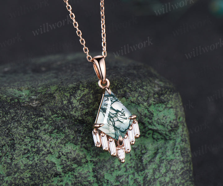3ct Kite cut green moss agate necklace rose gold cluster marquise baguette cut diamond necklace pendant women anniversary gift her
