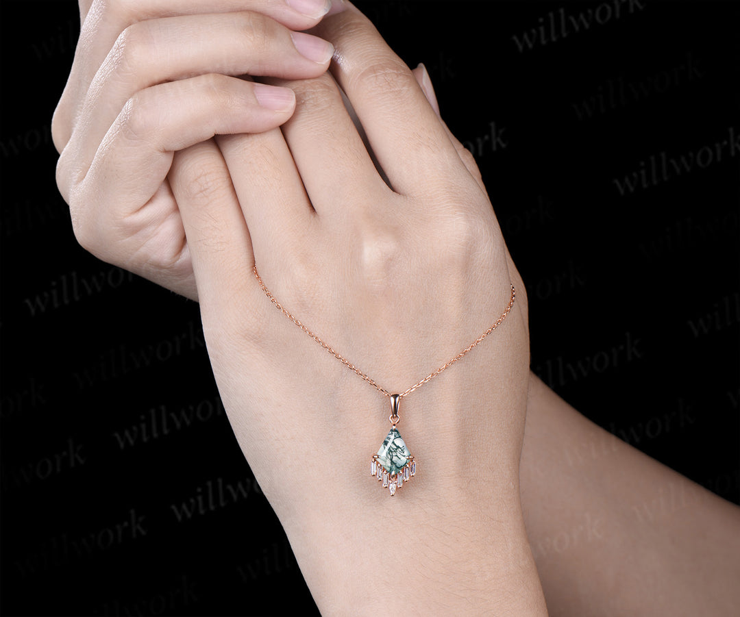 3ct Kite cut green moss agate necklace rose gold cluster marquise baguette cut diamond necklace pendant women anniversary gift her