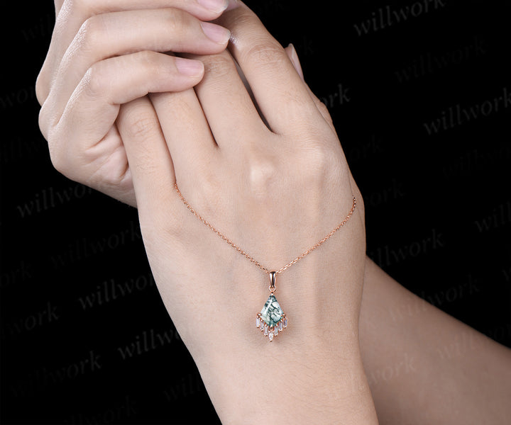 3ct Kite cut green moss agate necklace rose gold cluster marquise baguette cut diamond necklace pendant women anniversary gift her
