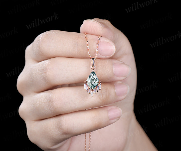 3ct Kite cut green moss agate necklace rose gold cluster marquise baguette cut diamond necklace pendant women anniversary gift her