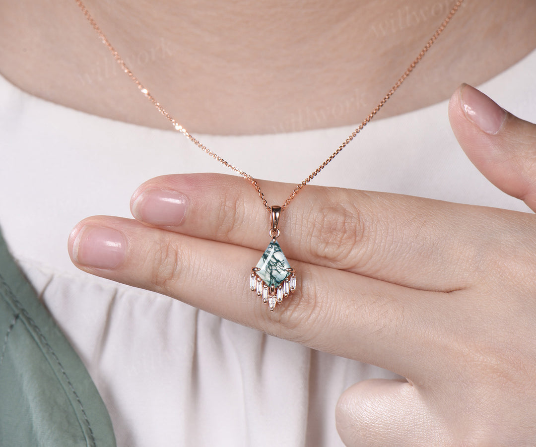 3ct Kite cut green moss agate necklace rose gold cluster marquise baguette cut diamond necklace pendant women anniversary gift her