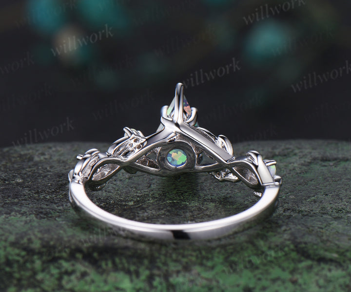 Kite cut opal engagement ring white gold twig opal ring vintage leaf moonstone nature inspired anniversary gift