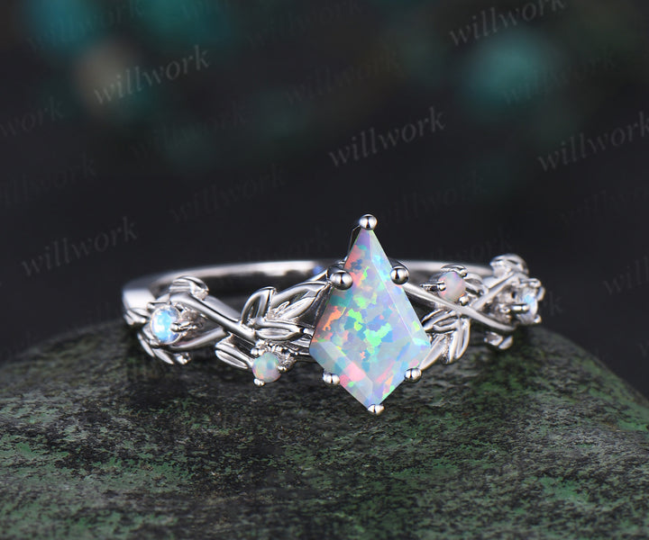 Kite cut opal engagement ring white gold twig opal ring vintage leaf moonstone nature inspired anniversary gift