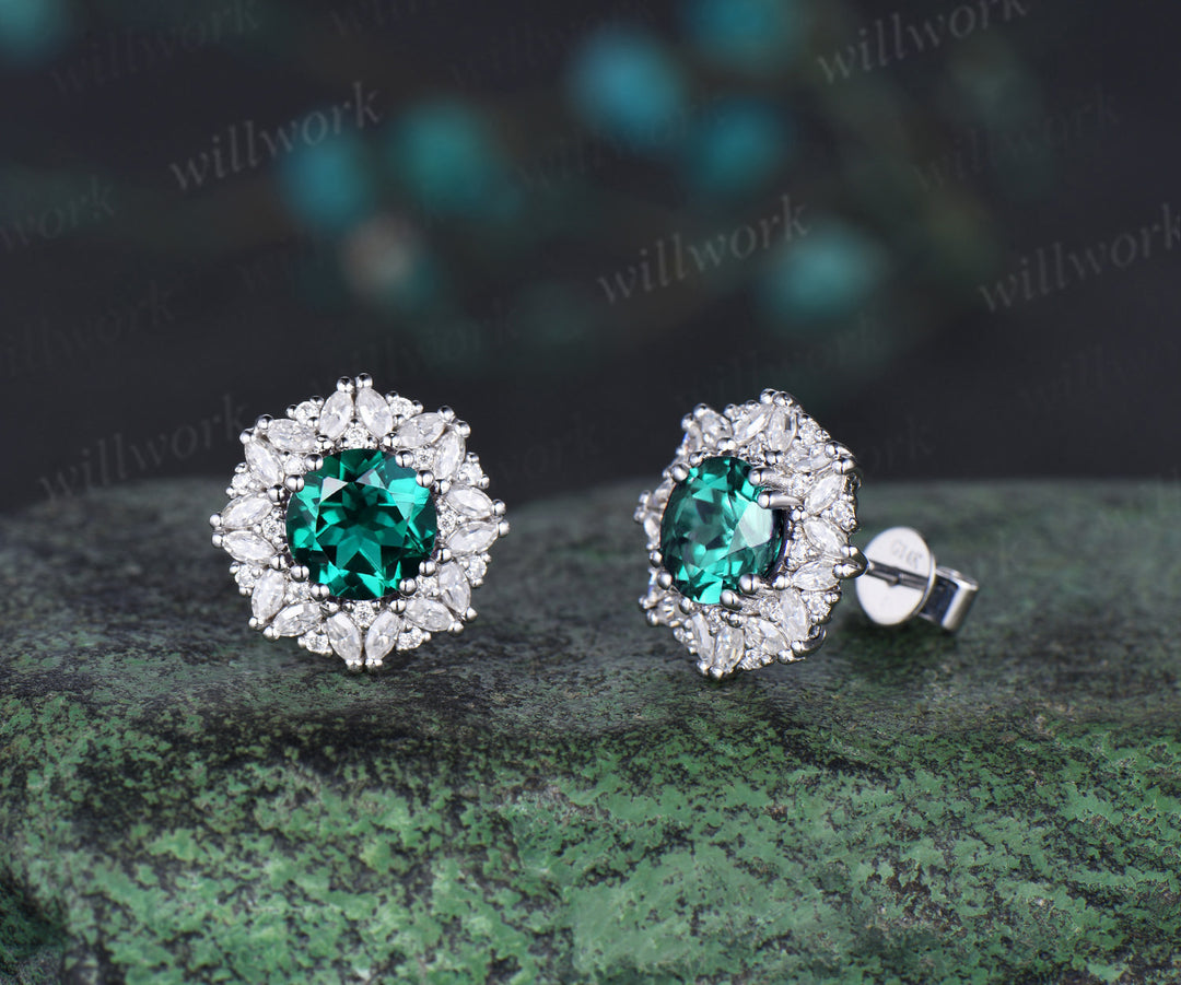 Vintage round cut green emerald Earrings women solid 14k white gold 8 prong double halo marquise moissanite Stud Earrings Anniversary Gift