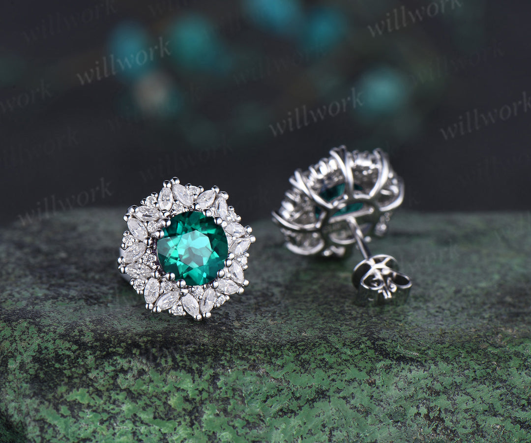 Vintage round cut green emerald Earrings women solid 14k white gold 8 prong double halo marquise moissanite Stud Earrings Anniversary Gift