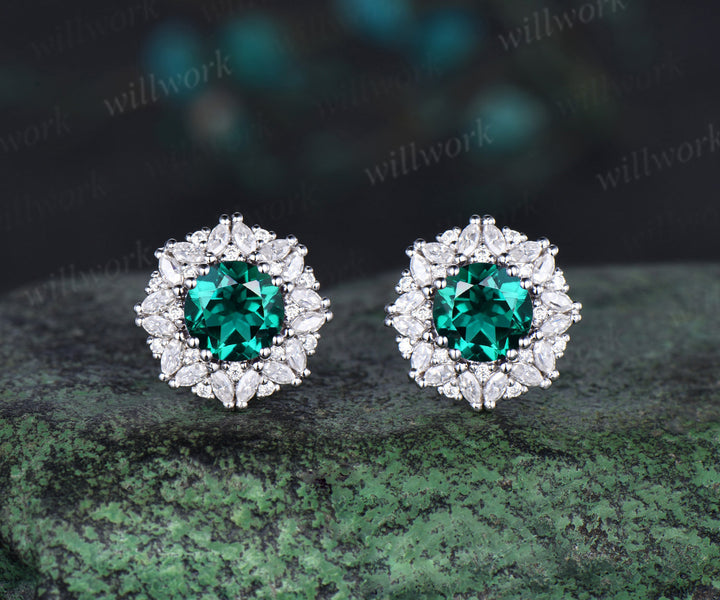 Vintage round cut green emerald Earrings women solid 14k white gold 8 prong double halo marquise moissanite Stud Earrings Anniversary Gift