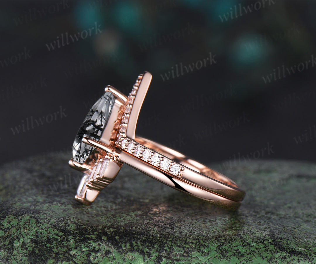 Kite cut black rutilated quartz ring vintage rose gold unique engagement ring stacking Baguette moissanite bridal set women