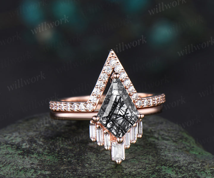 Kite cut black rutilated quartz ring vintage rose gold unique engagement ring stacking Baguette moissanite bridal set women