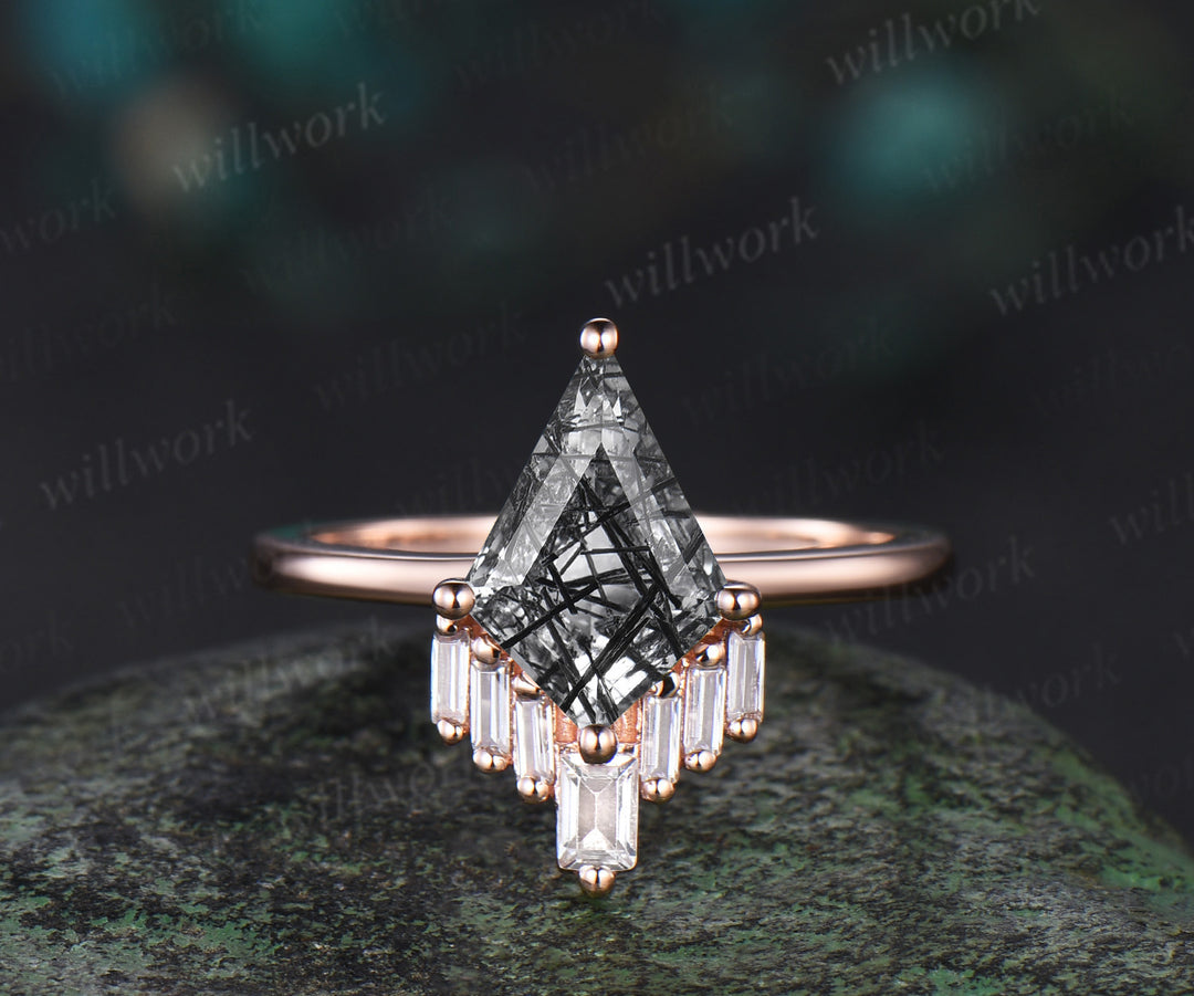 Kite cut black rutilated quartz ring vintage rose gold unique engagement ring stacking Baguette moissanite bridal set women