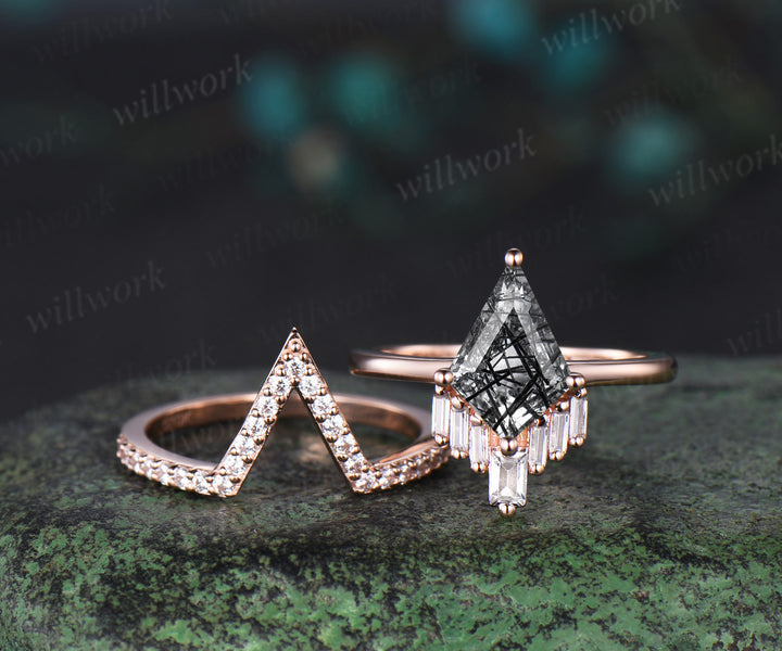 Kite cut black rutilated quartz ring vintage rose gold unique engagement ring stacking Baguette moissanite bridal set women