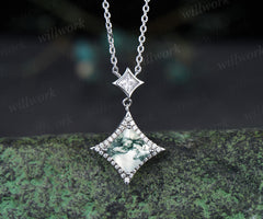 Princess Cut moss agate diamond Halo Pendant Necklace Solid 14k White Gold Square Shape Drop Necklace