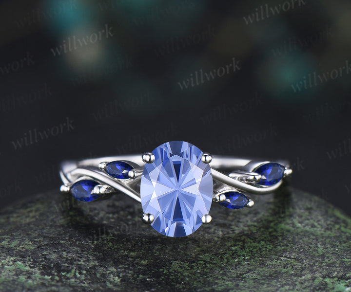 Oval Firework Cornflower Blue Sapphire engagement ring marquise twisted infinity wedding ring jewelry