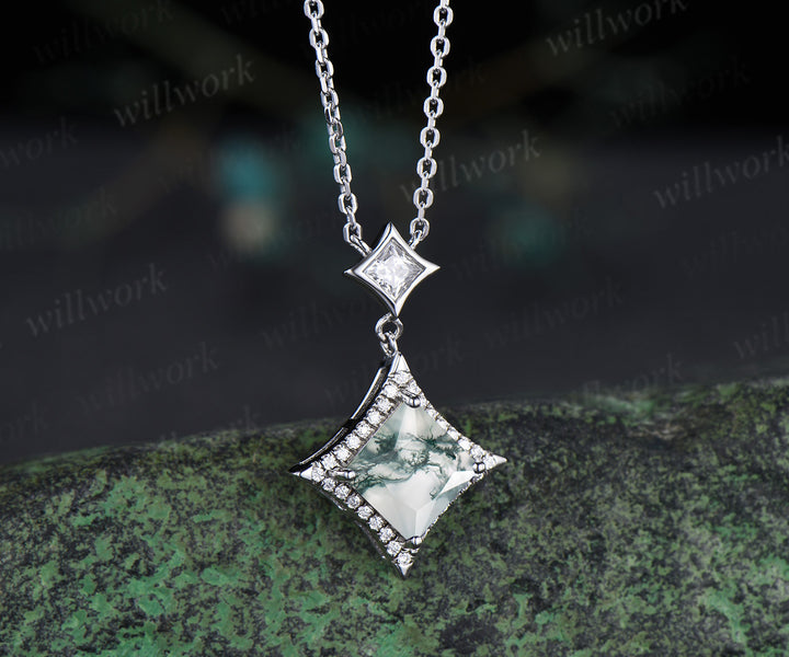 Princess Cut moss agate diamond Halo Pendant Necklace Solid 14k White Gold Square Shape Drop Necklace