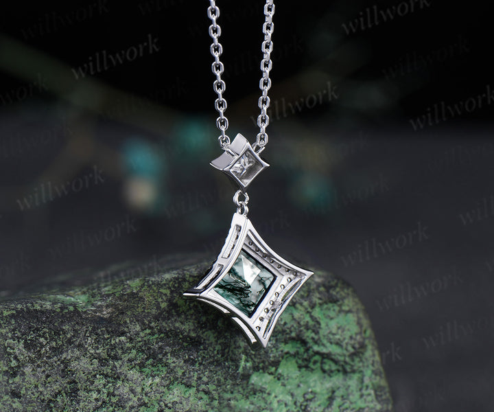 Princess Cut moss agate diamond Halo Pendant Necklace Solid 14k White Gold Square Shape Drop Necklace