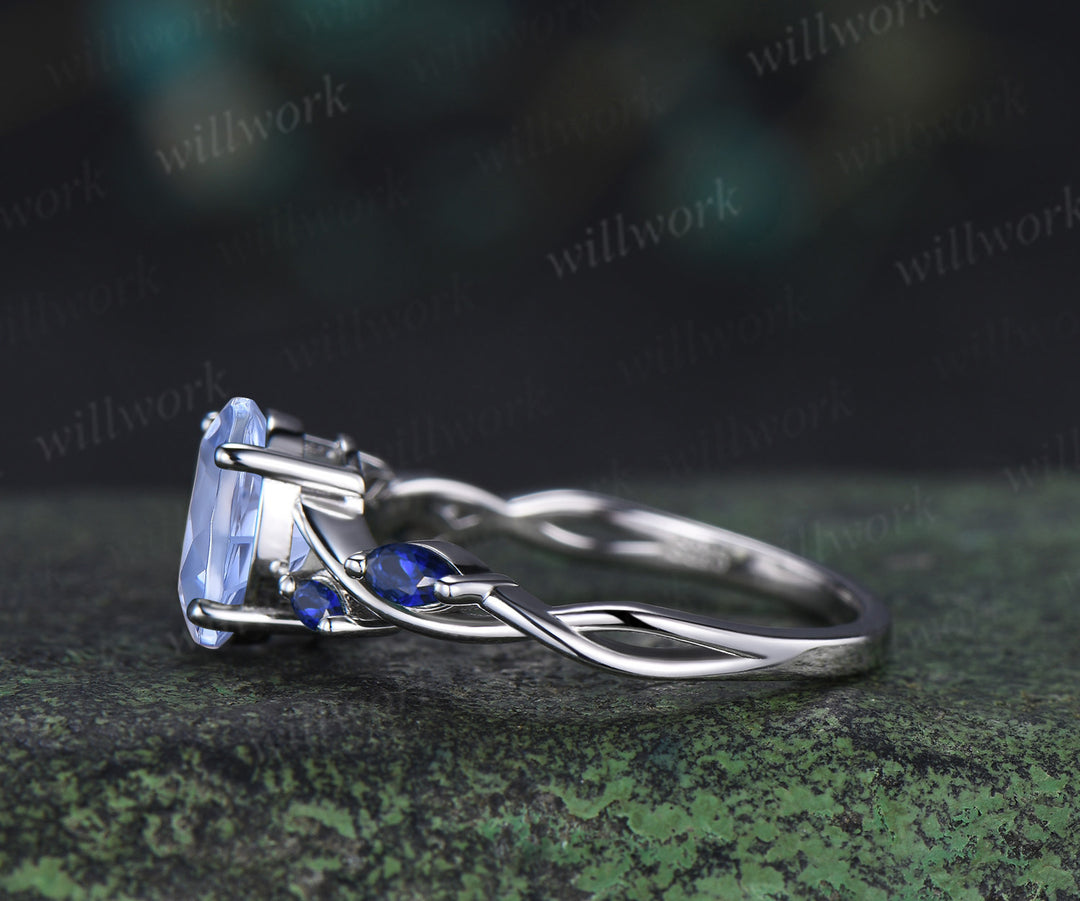 Oval Firework Cornflower Blue Sapphire engagement ring marquise twisted infinity wedding ring jewelry