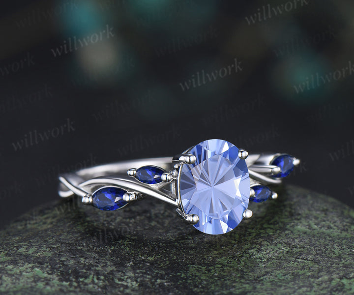 Oval Firework Cornflower Blue Sapphire engagement ring marquise twisted infinity wedding ring jewelry