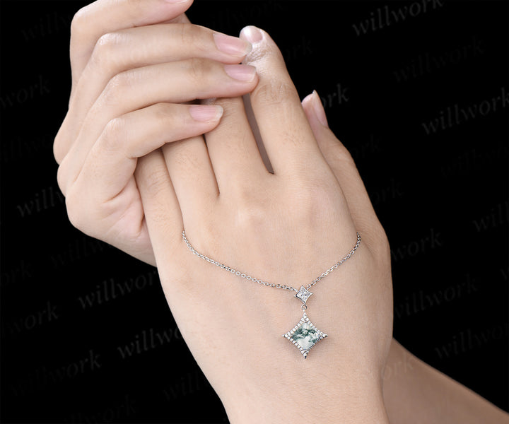 Princess Cut moss agate diamond Halo Pendant Necklace Solid 14k White Gold Square Shape Drop Necklace