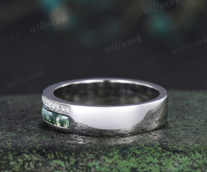 Full eternity bezel moss agate wedding band mens double line moissanite 14k rose gold ring unique engagement bridal ring for husband him