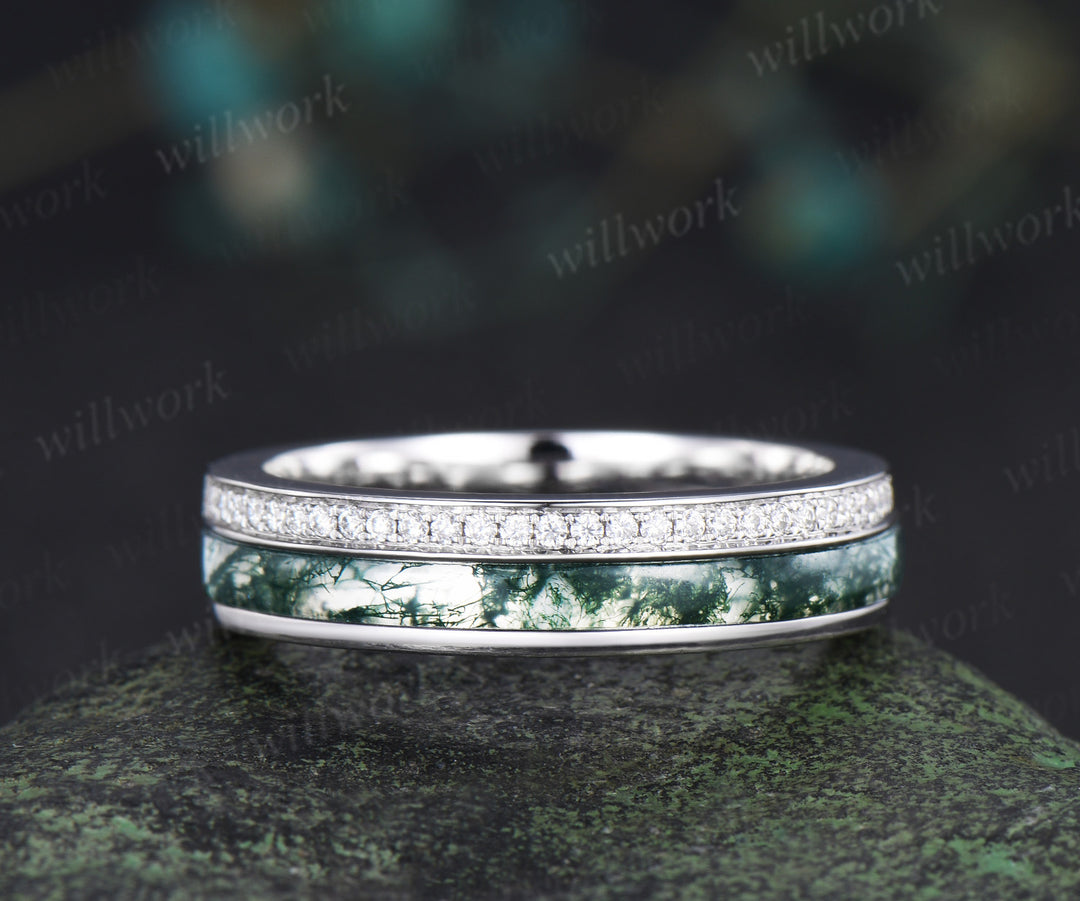 Full eternity bezel moss agate wedding band mens double line moissanite 14k rose gold ring unique engagement bridal ring for husband him
