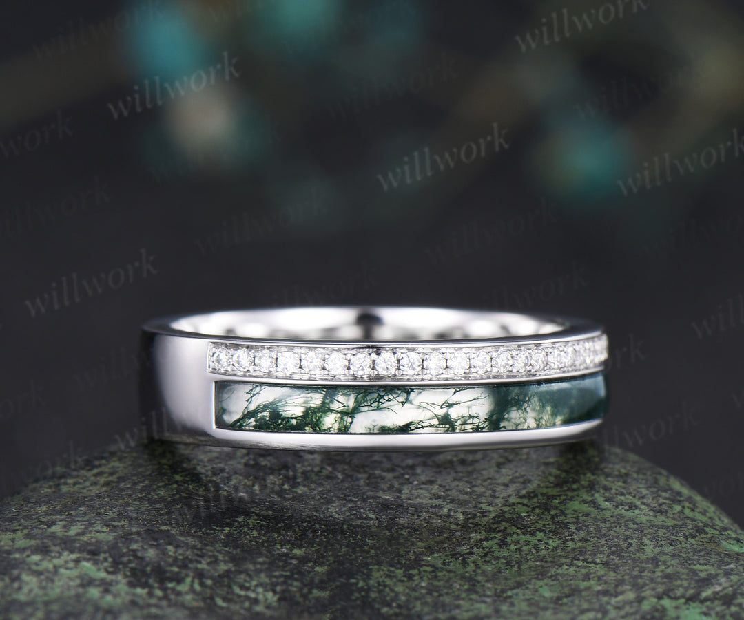 Full eternity bezel moss agate wedding band mens double line moissanite 14k rose gold ring unique engagement bridal ring for husband him