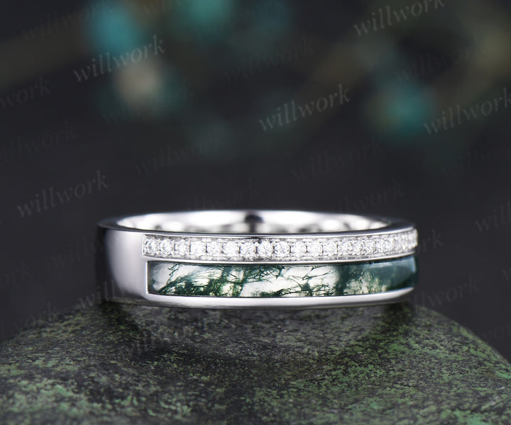 Full eternity bezel moss agate wedding band mens double line moissanite 14k rose gold ring unique engagement bridal ring for husband him