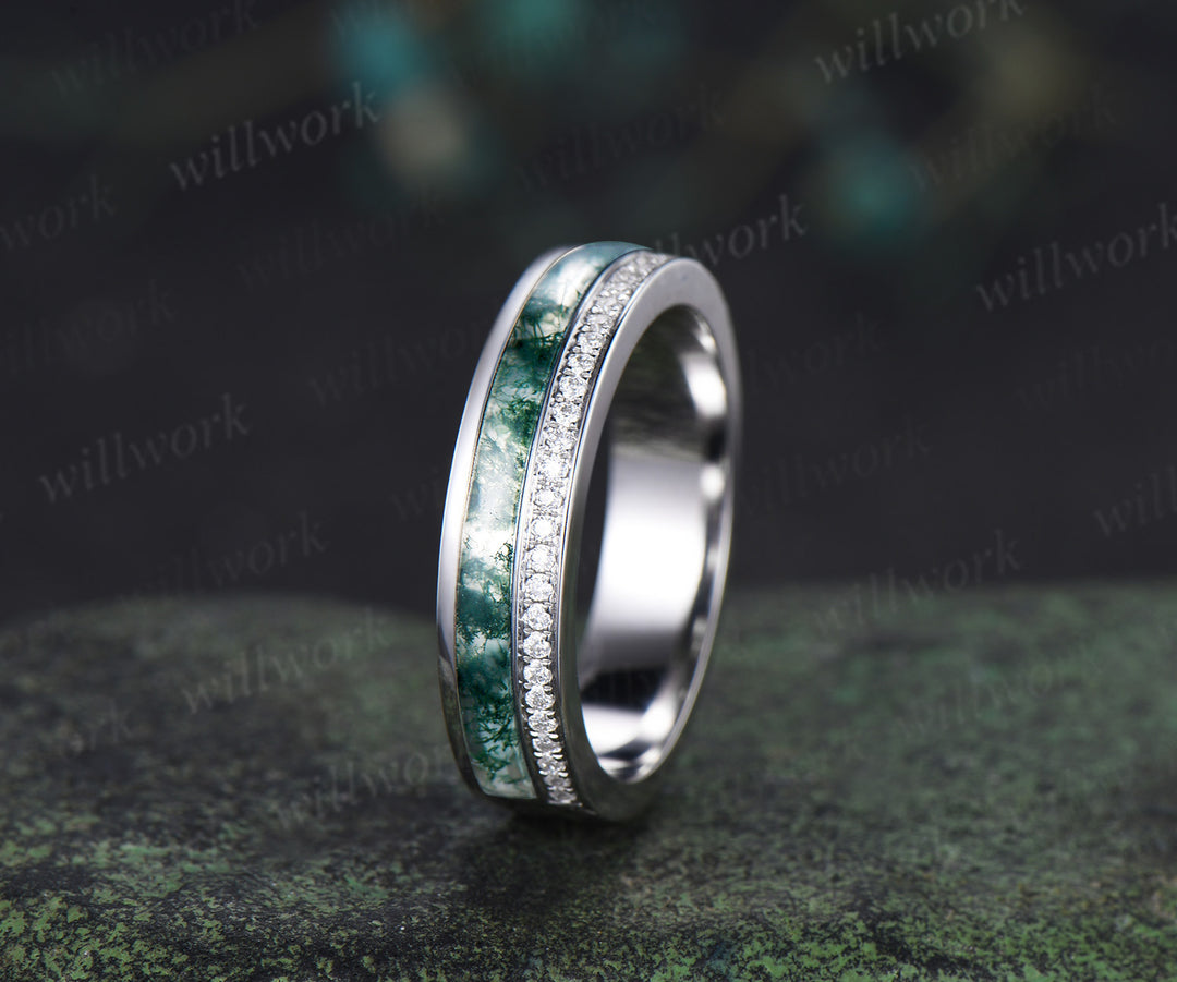 Full eternity bezel moss agate wedding band mens double line moissanite 14k rose gold ring unique engagement bridal ring for husband him