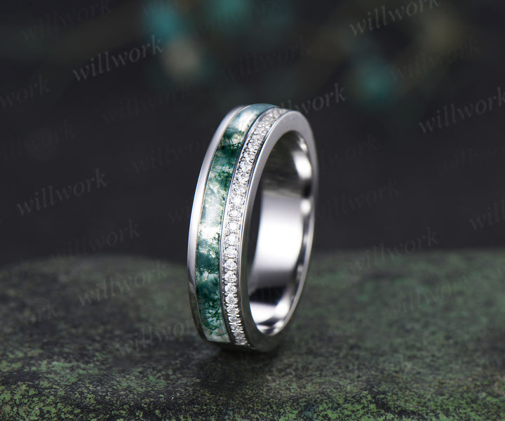 Full eternity bezel moss agate wedding band mens double line moissanite 14k rose gold ring unique engagement bridal ring for husband him
