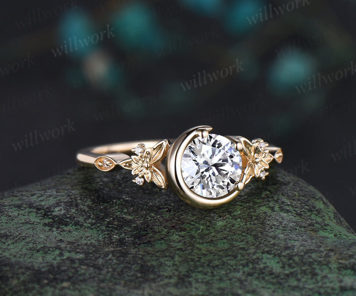 Vintage 1ct round cut Lab grown diamond engagement ring yellow gold Celtic knot moon butterfly unique anniversary wedding ring women