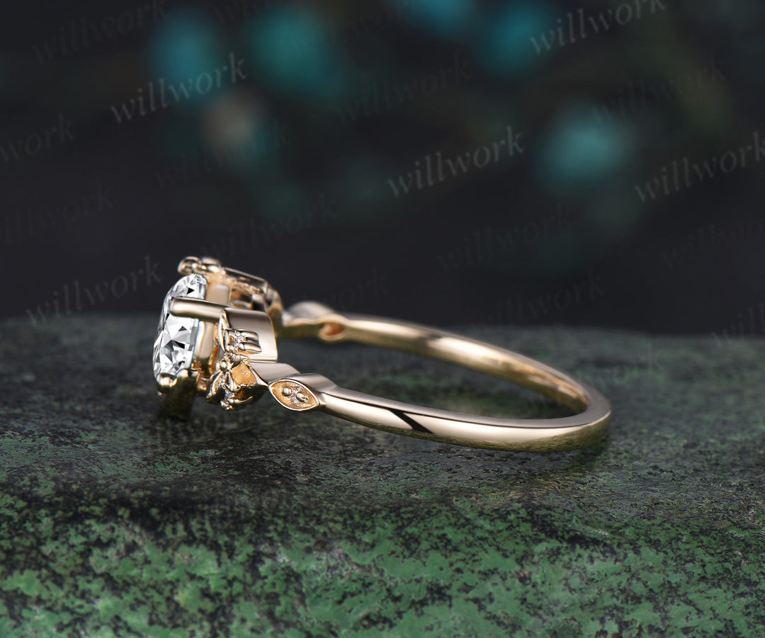 Vintage 1ct round cut Lab grown diamond engagement ring yellow gold Celtic knot moon butterfly unique anniversary wedding ring women