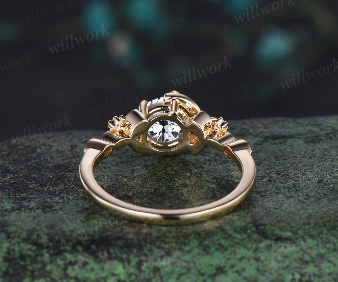 Vintage 1ct round cut Lab grown diamond engagement ring yellow gold Celtic knot moon butterfly unique anniversary wedding ring women