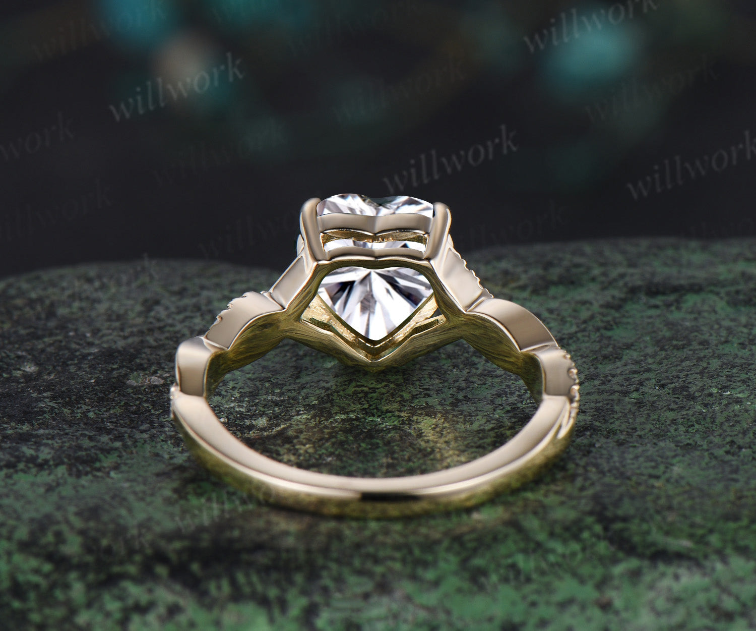 Vintage heart shaped moissanite engagement ring solid 14k yellow