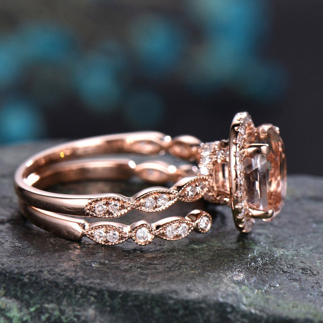 Rose Gold Morganite Engagement Ring Set Unique 2 Carat Morganite