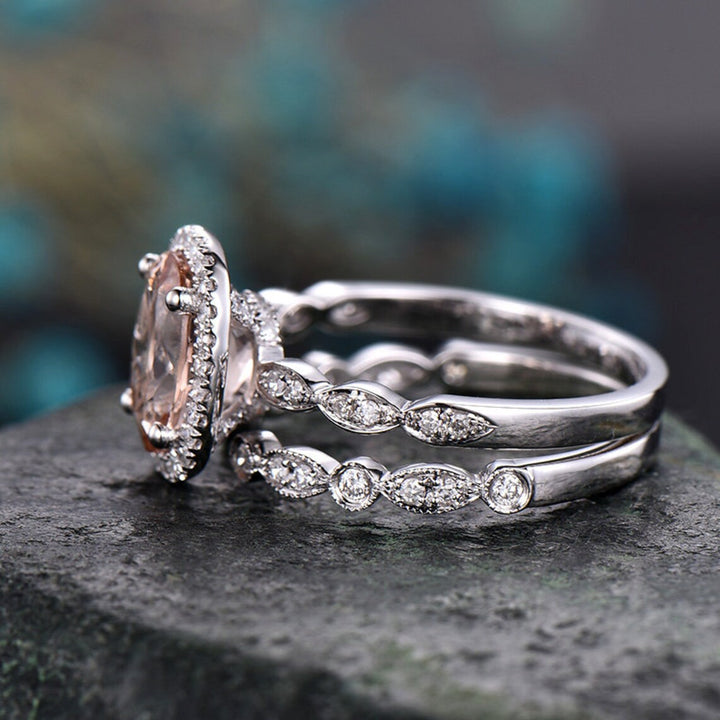 Morganite engagement ring set handmade solid 14k white gold ring under halo open diamond ring band 7x9 oval cut gemstone bridal ring set