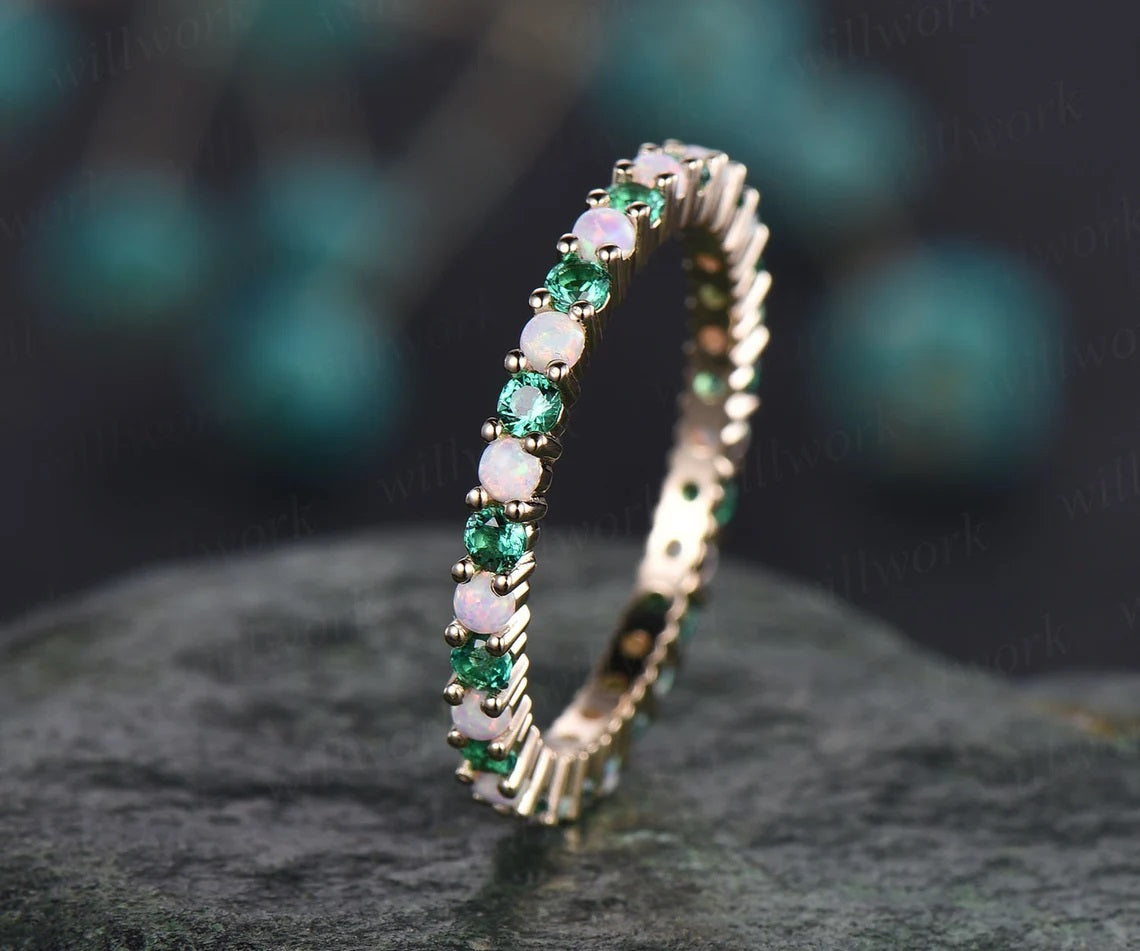 Emerald Half Eternity Wedding Band, 925 Sterling Silver Ring, May Birthstone Ring, Emerald Stacking Matching popular Band, Anniversary Gift