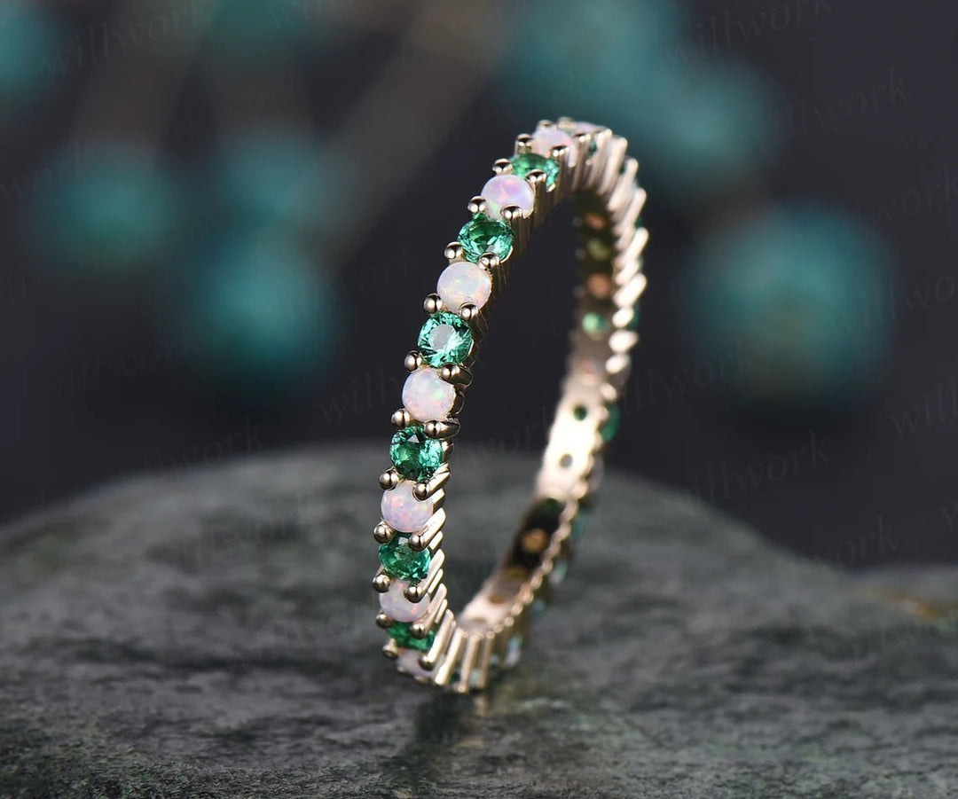 Opal ring vintage emerald ring gold full eternity opal emerald wedding ring band May birthstone matching stacking ring unique jewelry gift