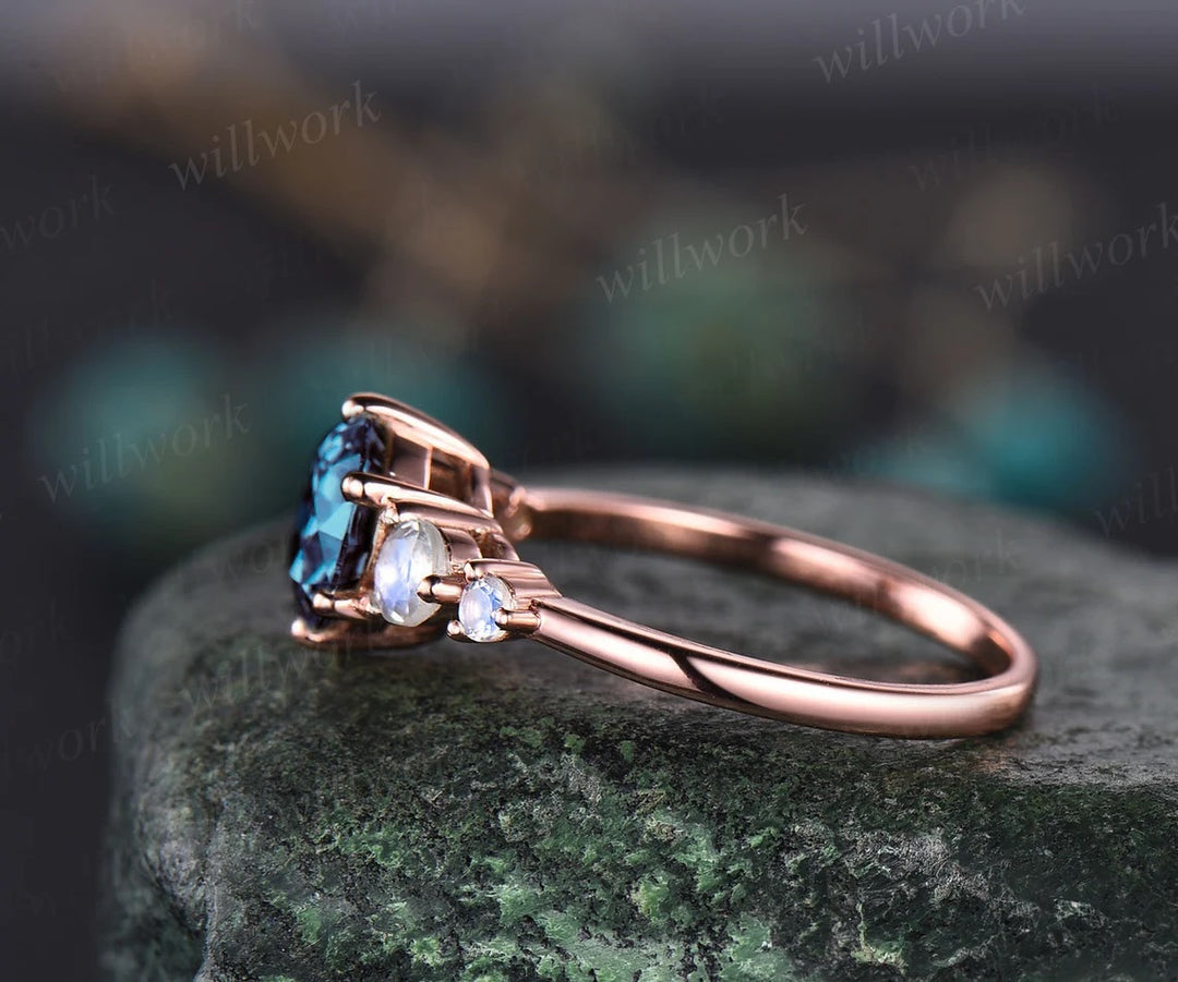 Alexandrite ring minimalist vintage round Alexandrite engagement ring five stone moonstone ring rose gold silver for women promise ring gift