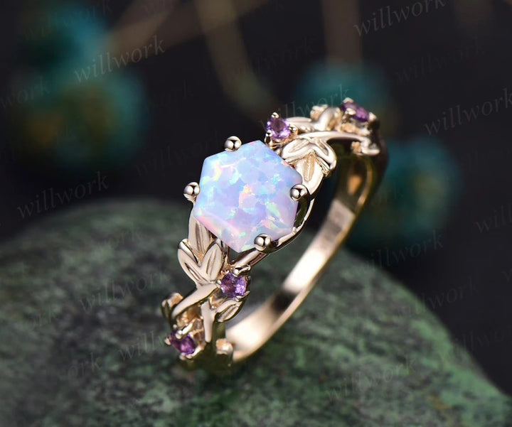 Twig opal ring vintage hexagon cut white opal engagement ring white gold leaf amethyst ring women October birthstone ring anniversary ring