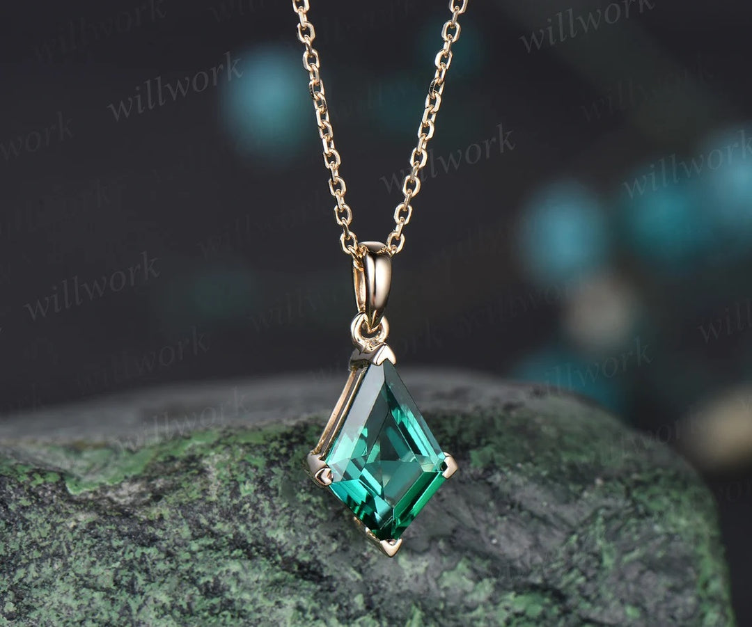 Kite green emerald necklace solid 14k 18k yellow gold vintage unique Personalized pendant women her gemstone anniversary bridal gift mother