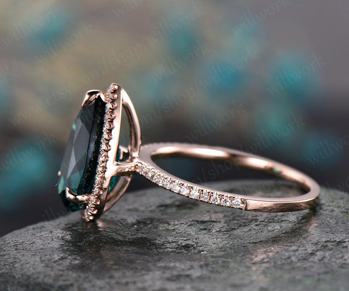 8x12mm emerald engagement ring rose gold diamond halo ring big emerald ring gold unique art deco pear antique wedding bridal promise ring