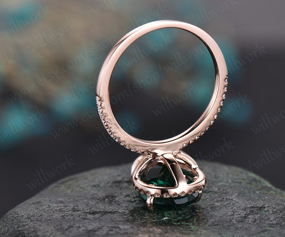 8x12mm emerald engagement ring rose gold diamond halo ring big emerald ring gold unique art deco pear antique wedding bridal promise ring