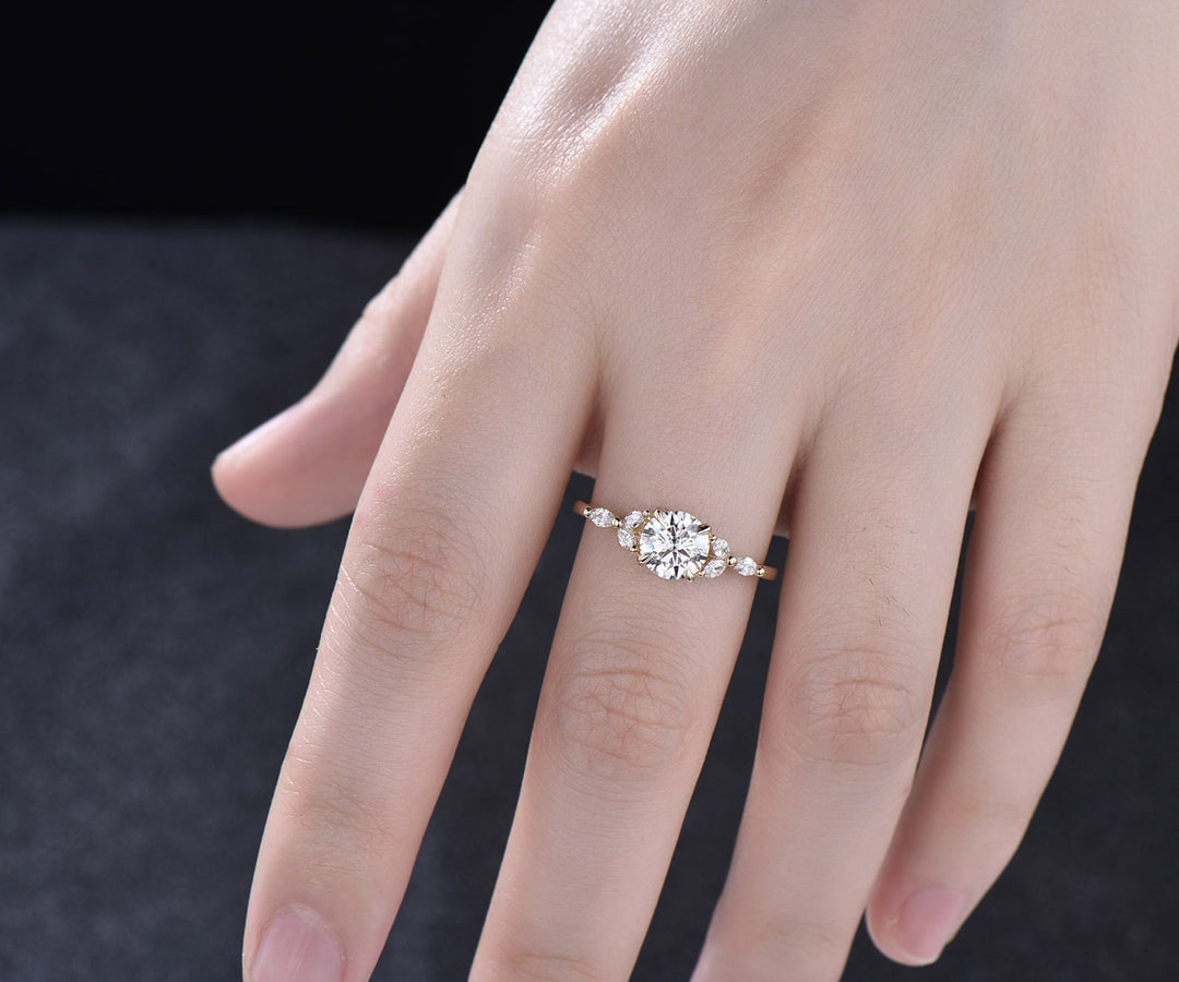 1ct round cut IGI lab-grown diamond engagement ring gold marquise cut diamond-accented unique promise anniversary ring gifts